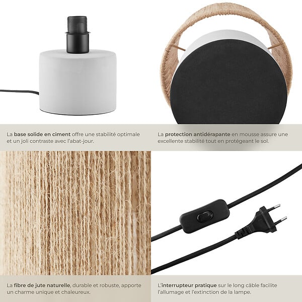 TECTAKE - Lampe de chevet KLEA en jute au style bohème 60W marron naturel - large