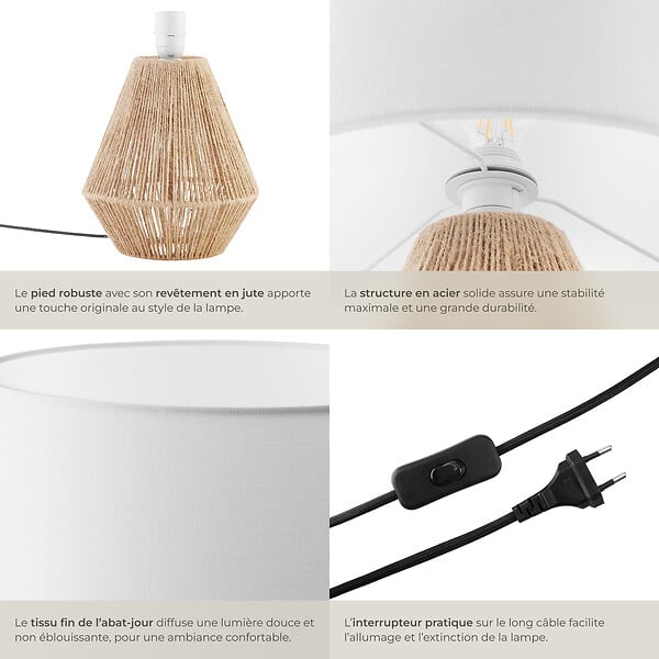 TECTAKE - Lampe de chevet LIGNEA LUX en jute au style bohème 60W marron naturel - large