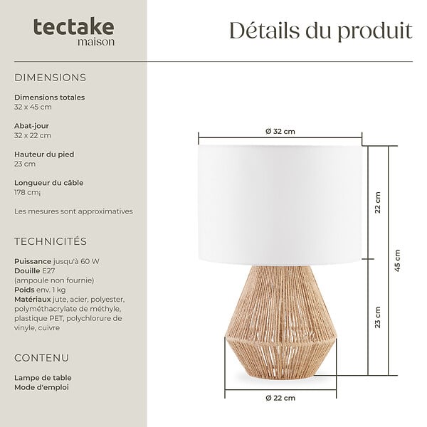 TECTAKE - Lampe de chevet LIGNEA LUX en jute au style bohème 60W marron naturel - large