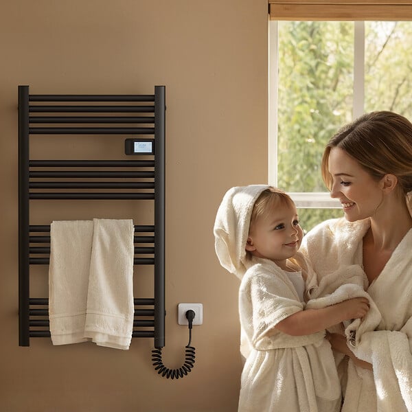 EMKE - EMKE Sèche-Serviettes Électrique 1200 x 540 mm, Porte-serviettes de salle de bain électrique avec interrupteur tactile et minuterie, Noir, 600W - large