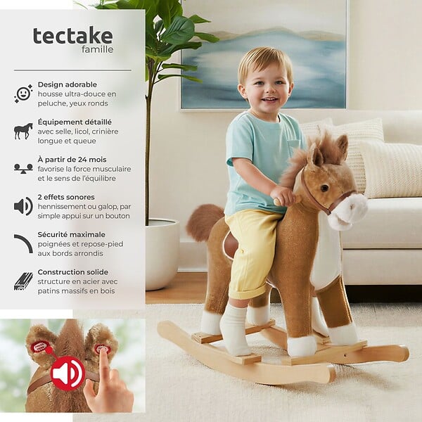 TECTAKE - Cheval à bascule en peluche au design de qualité à partir de 24 mois marron - large