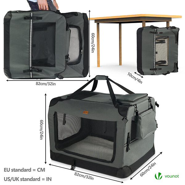 VOUNOT - Sac transport pliable chien chat caisse cage portable 82x60x60cm gris - large