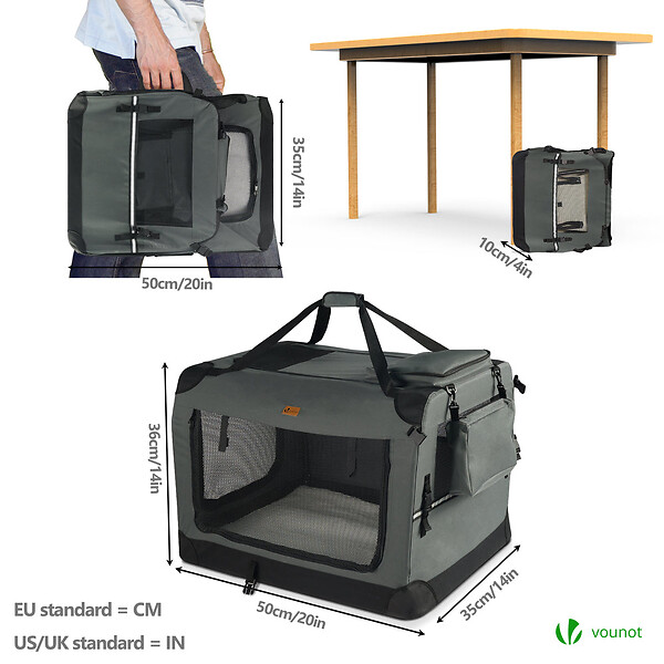 VOUNOT - Sac transport pliable chien chat caisse cage portable 50x35x36cm gris - large