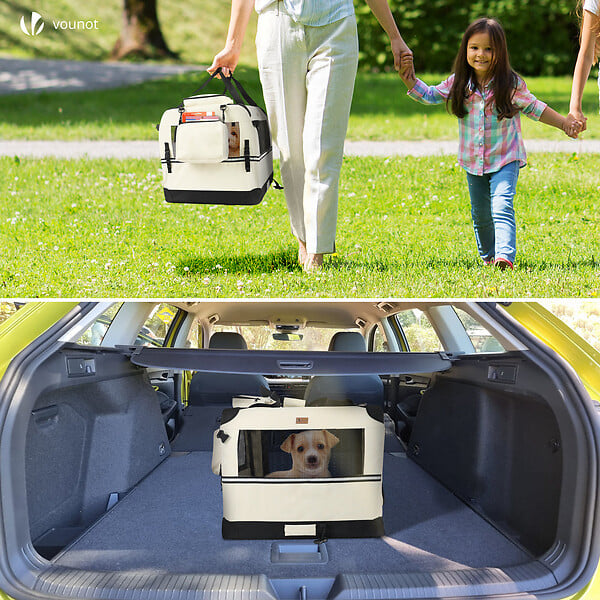 VOUNOT - Sac transport pliable chien chat caisse cage portable 50x35x36cm beige - large