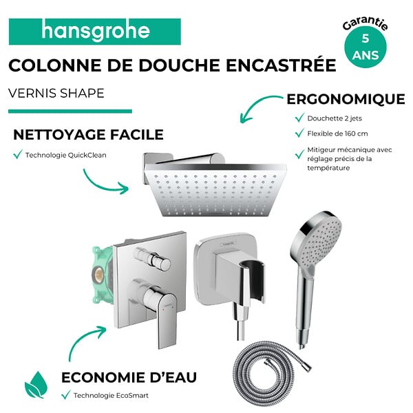 HANSGROHE - Colonne de douche mécanique Vernis Shape Douche de tête Vernis Shape Flexible Métaflex Douchette Vernis Blend chromé - large