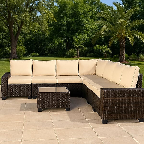 CONCEPT USINE - Salon de jardin d'angle 7 places en résine tressée avec table marron et beige LAZARO - large