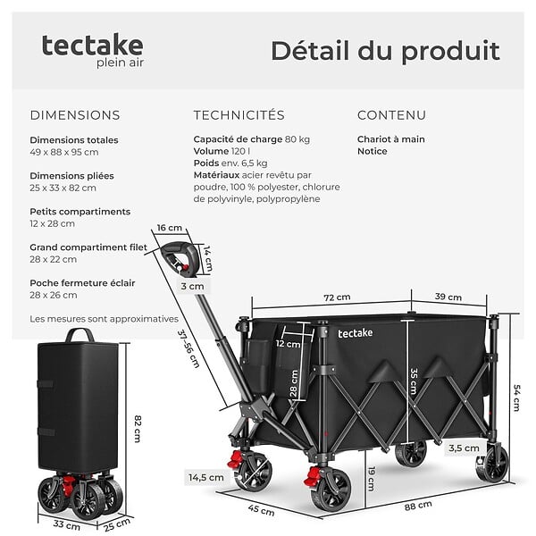 TECTAKE - Chariot pliable ROLLRIDER avec poignée télescopique et roues profilées noir - large