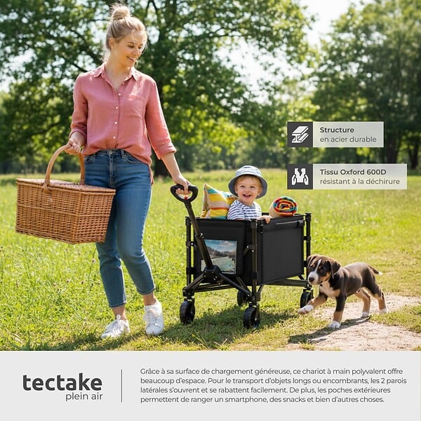 TECTAKE - Chariot pliable SMARTRIDER avec roues profilées et poignée télescopique noir - large
