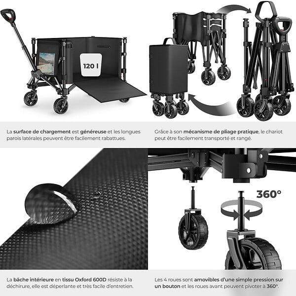 TECTAKE - Chariot pliable SMARTRIDER avec roues profilées et poignée télescopique noir - large