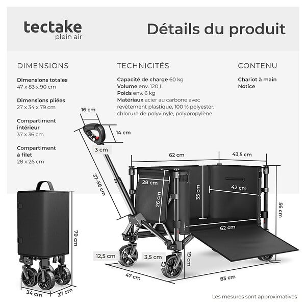 TECTAKE - Chariot pliable SMARTRIDER avec roues profilées et poignée télescopique noir - large