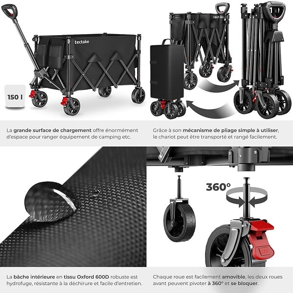 TECTAKE - Chariot pliable ROLLRIDER avec poignée télescopique et roues profilées noir - large