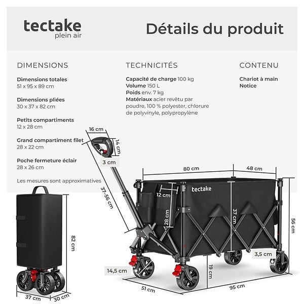 TECTAKE - Chariot pliable ROLLRIDER avec poignée télescopique et roues profilées noir - large