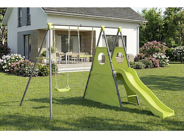 HABITAT ET JARDIN - Portique de jeu en métal avec toboggan "Kylian" - 4 agrès - Vert - large