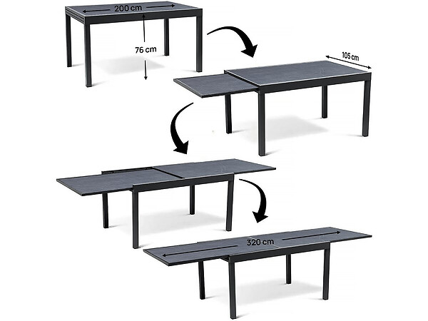 HABITAT ET JARDIN - Table extensible et chaises de jardin en aluminium "Lagos" - 200/320 x 105 x 76 cm - 10 places - Gris foncé - large