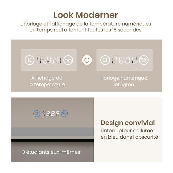 EMKE - EMKE Miroir lumineux salle de bain 80x60cm, Cadre noir, Miroir LED avec Interrupteur Tactile, Anti-buée, Horloge et Température, Lumière Neutre - large
