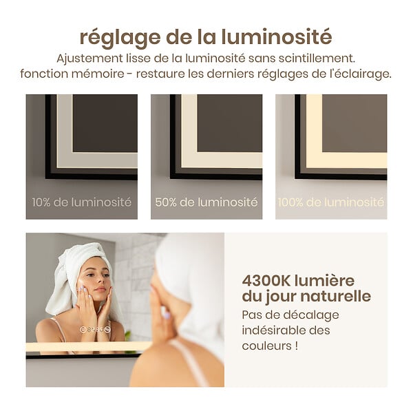 EMKE - EMKE Miroir lumineux salle de bain 80x60cm, Cadre noir, Miroir LED avec Interrupteur Tactile, Anti-buée, Horloge et Température, Lumière Neutre - large