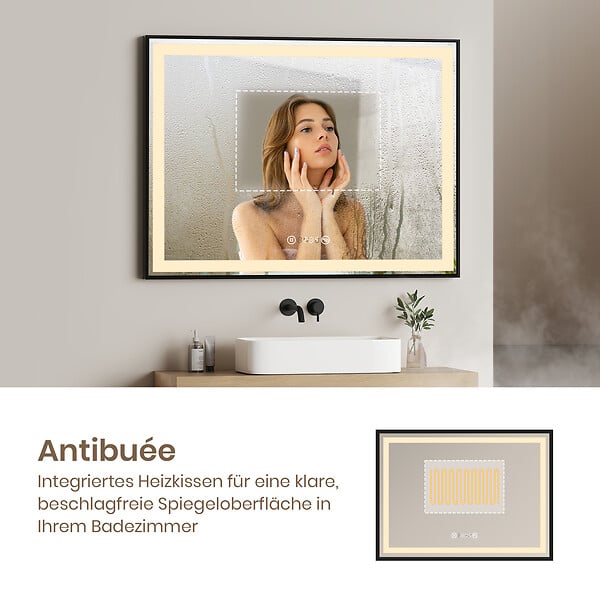 EMKE - EMKE Miroir lumineux salle de bain 80x60cm, Cadre noir, Miroir LED avec Interrupteur Tactile, Anti-buée, Horloge et Température, Lumière Neutre - large