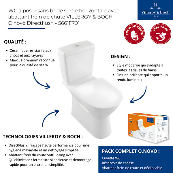 VILLEROY ET BOCH - WC à poser sans bride sortie horizontale O.novo Directflush avec abattant frein de chute + nettoyant - large