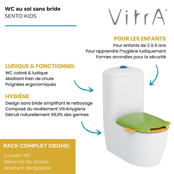 VITRA - WC à poser sans bride VitrA Sento Kids Blanc + réservoir + abattant vert et jaune - large