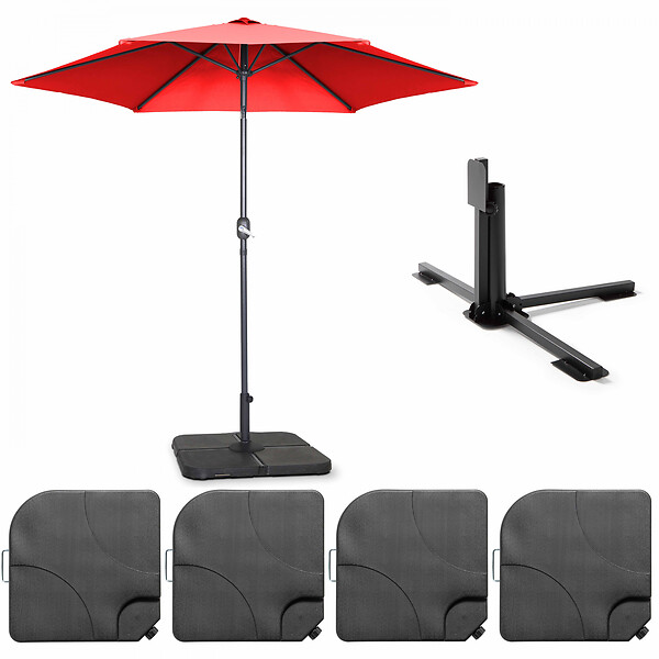 OVIALA - Parasol droit inclinable 3m et 4 dalles à lester remplissables rouge - Matera - large