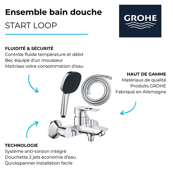 GROHE - Pack mitigeur mécanique bain douche Start Loop chromé + Douchette 2 jets Vitalio Comf.110 et flexible - large