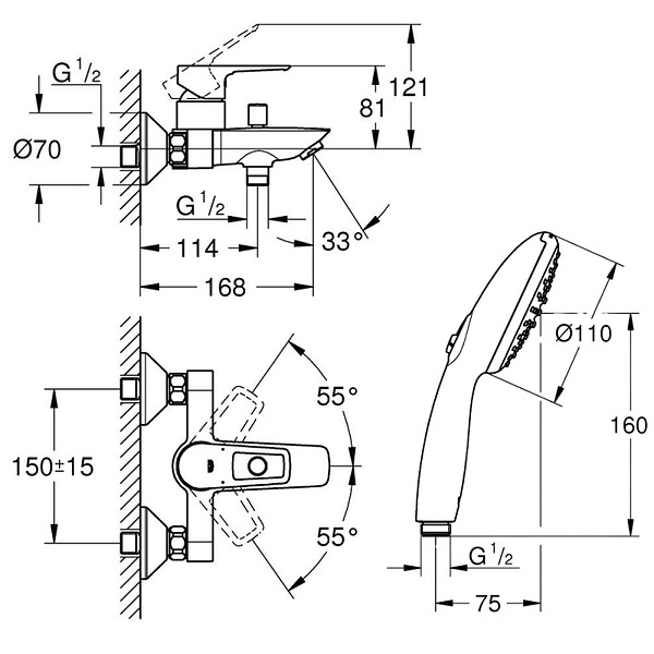 GROHE - Pack mitigeur mécanique bain douche Start Loop chromé + Douchette 2 jets Vitalio Comf.110 et flexible - large
