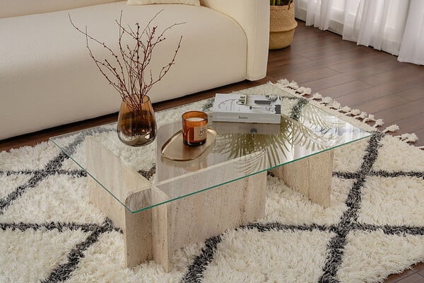 HABITAT ET JARDIN - Table basse en bois "Flavio" - 105 x 65 x 30 cm - Travertin - large