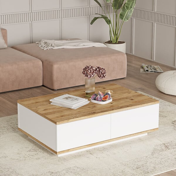 HABITAT ET JARDIN - Table basse en bois "FR14" - 90 x 60 x 28 cm - Pin atlantiqueBlanc - large