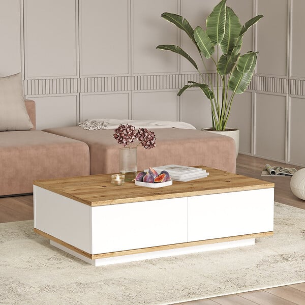 HABITAT ET JARDIN - Table basse en bois "FR14" - 90 x 60 x 28 cm - Pin atlantiqueBlanc - large