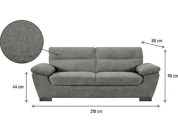 HABITAT ET JARDIN - Canapé fixe en tissu "Dallas" - 210 X 88 X 90 cm - 3 places - Gris - large