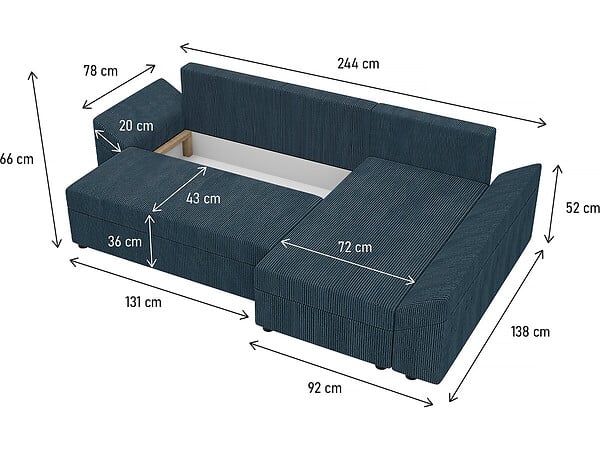 HABITAT ET JARDIN - Canapé d'angle convertible avec coffre "Vaugirard" en velours côtelé - 3 places - Bleu - large