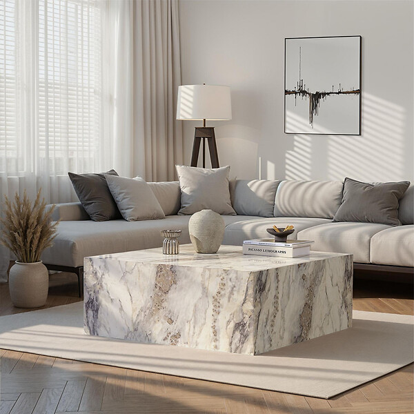 HABITAT ET JARDIN - Table basse en bois "Prizma" - 90 x 90 x 35 cm - Marbre Freesia - large