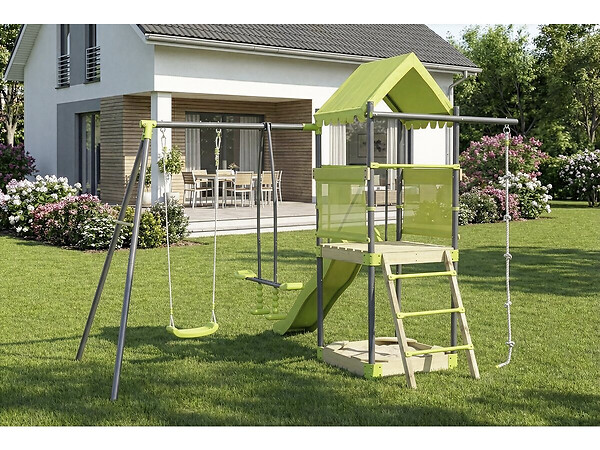 HABITAT ET JARDIN - Aire de jeu portique en métal avec toboggan et bac a sable "Sohane"  - Vert - large