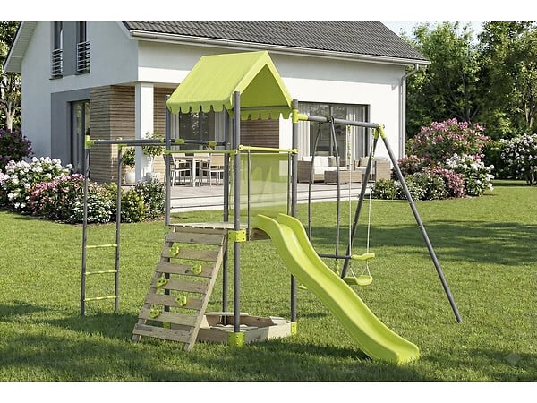 HABITAT ET JARDIN - Aire de jeu portique en métal avec toboggan et bac a sable "Lucien" - Vert - large