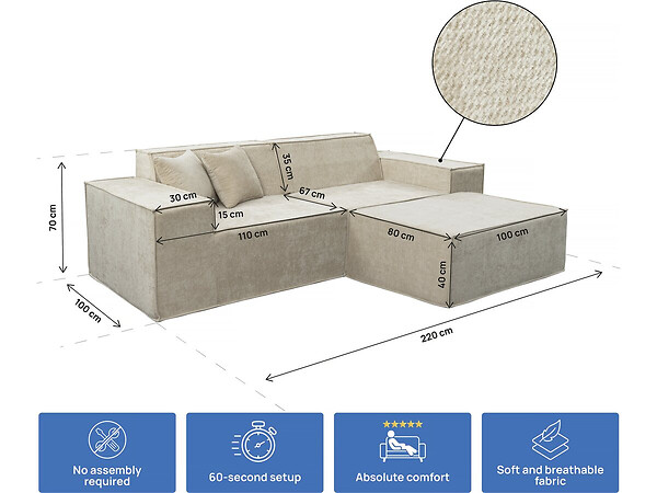 HABITAT ET JARDIN - Canapé droit modulable avec ottoman en tissu texturé "Lusso" - 3 places - Beige - large