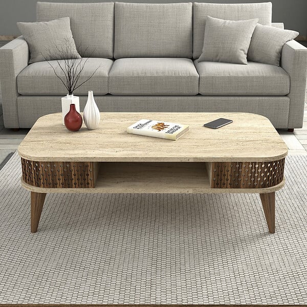 HABITAT ET JARDIN - Table basse en bois "Eylul" - 105 x 60 x 35 cm - Travertin - large