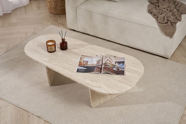 HABITAT ET JARDIN - Table basse en bois "Ovalis" - 130 x 65 x 40 cm - Travertin - large