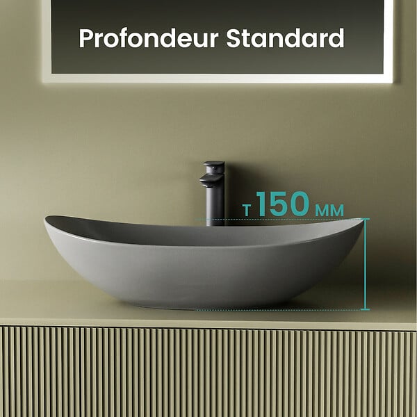 EMKE - EMKE Vasque à Poser en céramique 61,5×36×15,5cm, Lavabo salle de bain Ovale, Lavabo à poser gris foncé - large