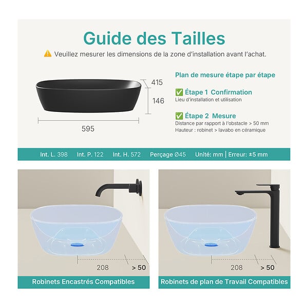 EMKE - EMKE Vasque à Poser Rectangulaire Arrondie 600 x 415 x 135 mm, Lavabo en Céramique de Salle de Bain, Noir Mat - large