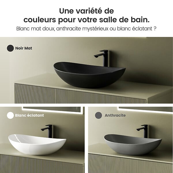 EMKE - EMKE Vasque à Poser en céramique 61,5×36×15,5cm, Lavabo salle de bain Ovale, Lavabo à poser noir mat - large