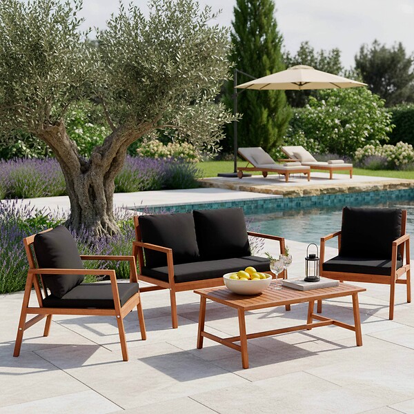 OVIALA - Salon de  terrasse bois avec 1 canapé, 2 fauteuils et table basse noir - Collioure - large