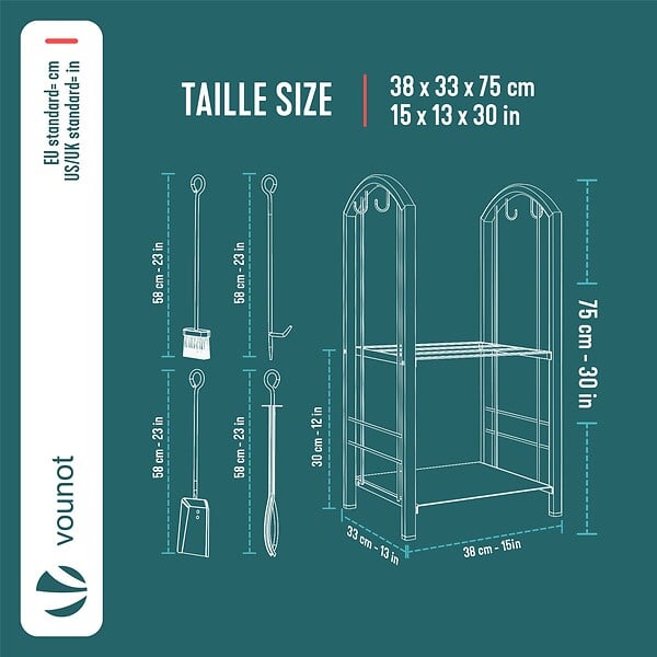 VOUNOT - Porte buches cheminee avec 4 outils en metal noir - large
