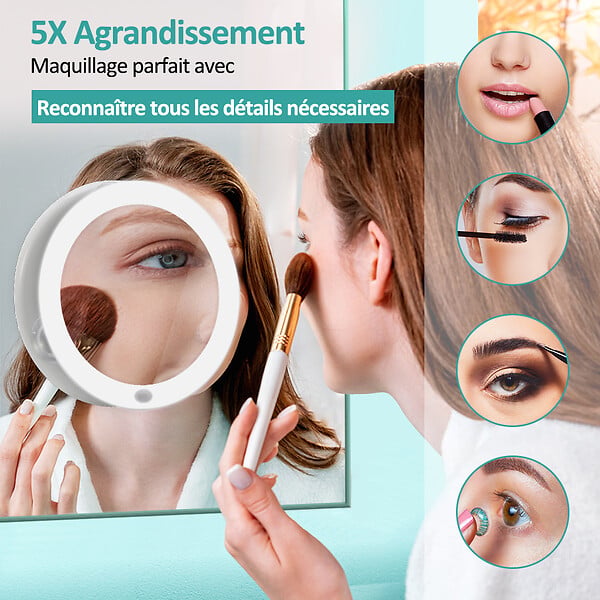 EMKE - EMKE Miroir de Maquillage Lumineux , Grossissement 5x, Fixation par Ventouse, Éclairage LED 6000K pour Salle de Bain, Blanc - large