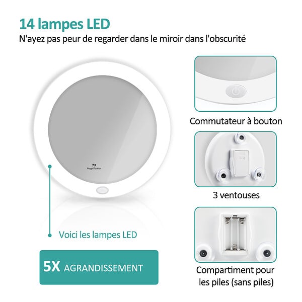 EMKE - EMKE Miroir de Maquillage Lumineux , Grossissement 5x, Fixation par Ventouse, Éclairage LED 6000K pour Salle de Bain, Blanc - large