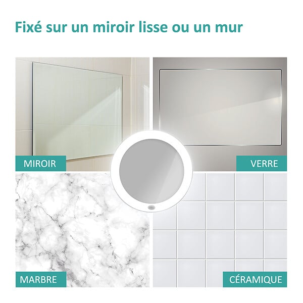EMKE - EMKE Miroir de Maquillage Lumineux , Grossissement 5x, Fixation par Ventouse, Éclairage LED 6000K pour Salle de Bain, Blanc - large