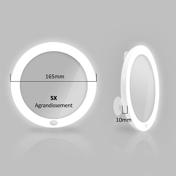 EMKE - EMKE Miroir de Maquillage Lumineux , Grossissement 5x, Fixation par Ventouse, Éclairage LED 6000K pour Salle de Bain, Blanc - large