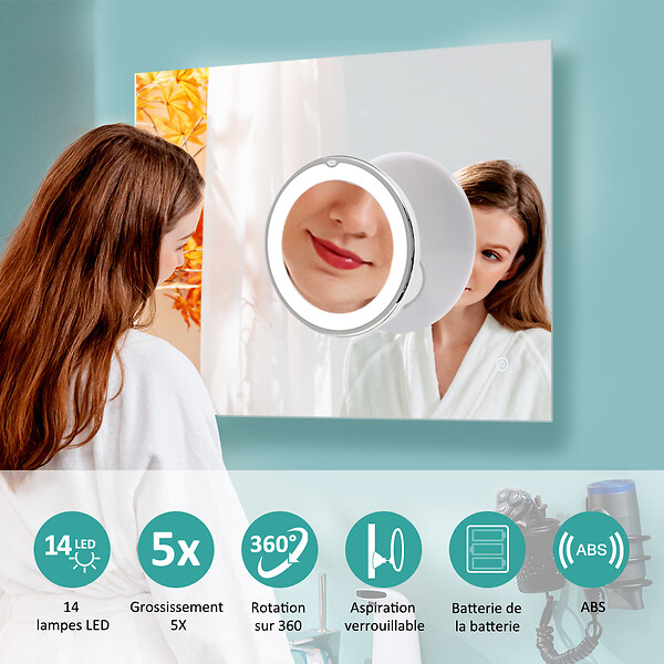 EMKE - EMKE Miroir de Beauté LED 5x avec Ventouse, Grossissement Puissant, Design Blanc Moderne - large