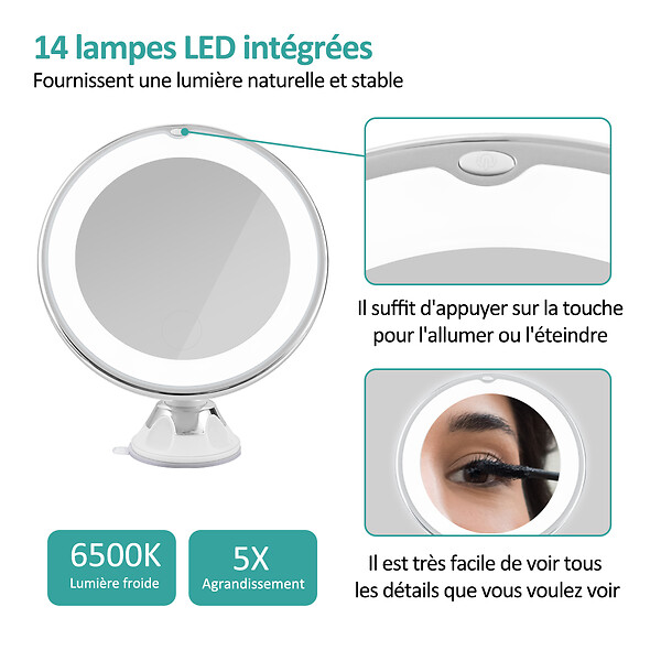 EMKE - EMKE Miroir de Beauté LED 5x avec Ventouse, Grossissement Puissant, Design Blanc Moderne - large