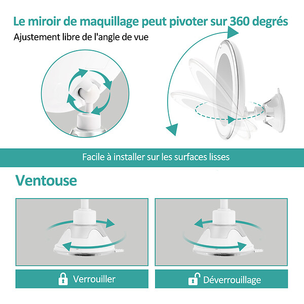 EMKE - EMKE Miroir de Beauté LED 5x avec Ventouse, Grossissement Puissant, Design Blanc Moderne - large