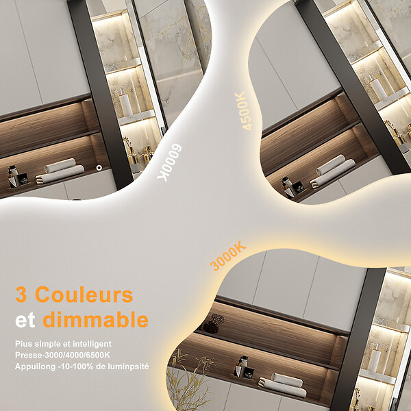AICA SANITAIRE - AICA Miroir salle de bain asymétrique 90 x 68 cm LED Éclairage réglable en 3 couleurs + anti-buée + fonction mémoire - large